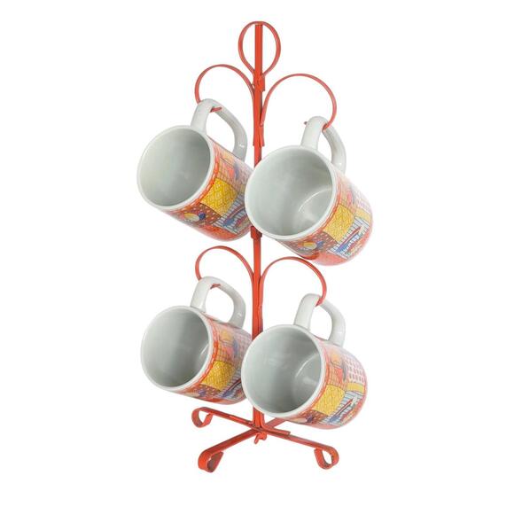 Vintage Otagiri Orange Patchwork Coffee Mug Set with Orange Mug Tree